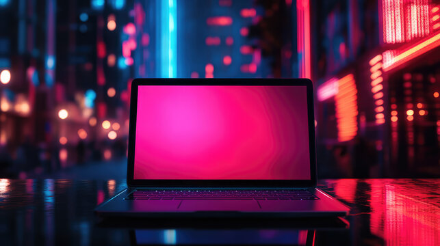 Modern laptop featuring a blank chroma key screen glowing with pink light, positioned on a glass desk amidst a vibrant cyberpunk city illuminated by neon lights at night