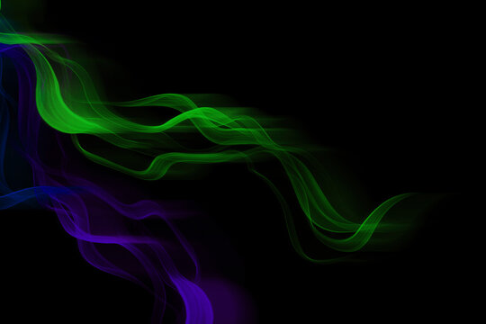 Vivid Neon Green And Purple Smoke Waves Against Black Background — Abstract Art