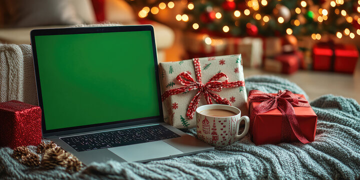 Open laptop with green chroma key screen, gift and cappuccino placed on wooden desk with christmas bokeh lights in the background, perfect for mock up