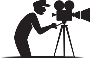 Filmmaker silhouette capturing a cinematic moment with vintage camera on tripod
