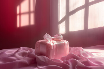 Pink fabric gift box with ribbon bow on soft fabric background