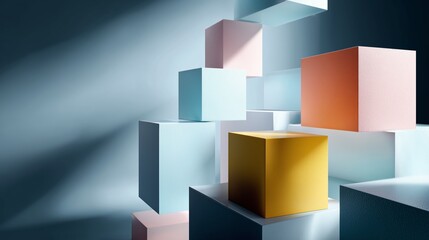 Colorful geometric shapes stacked in an artistic arrangement in a dimly lit space