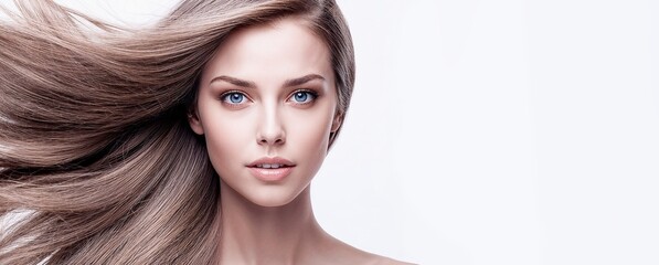 Face of a beautiful woman with hairstyle and natural  make up, blank copy space for text on the right side. Beauty care, skin o hairdresser concept