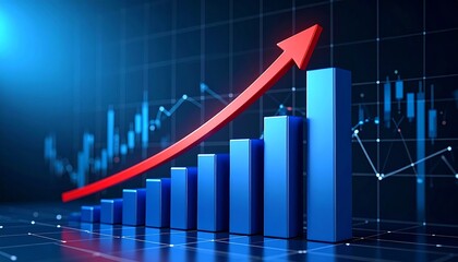 Dynamic Blue Bar Graph with Red Arrow Showing Financial Growth and Progress