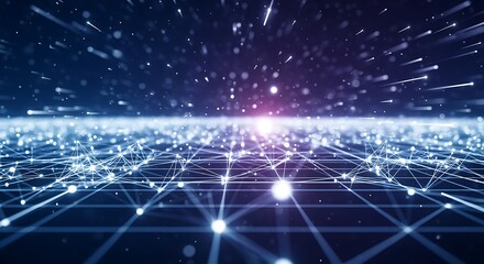 Abstract futuristic background of a digital network grid with glowing nodes and light trails moving through cyberspace.