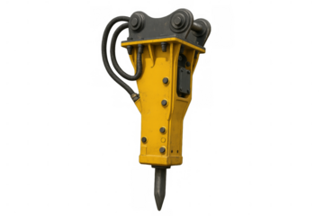 Hydraulic breaker attachment for excavator on transparent background