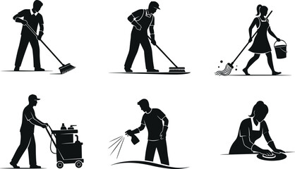Cleaning workers, janitorial service team, hygiene staff, sanitation crew, housekeeping people, floor sweeping, mopping, disinfecting, cleaning cart, workplace cleaning icons © Shohan Creatives 