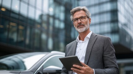 Mature businessman standing confidently outside in modern urban environment with a car, holding a digital tablet, looking away dressed in formal suit. Senior male manager outdoors with mobile device.