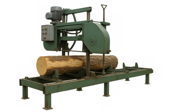 Sawmill band saw cutting timber log on transparent background
