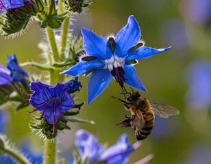 Vibrant blue flower and bee