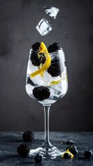 Gin tonic cocktail with blackberries, lemon, and ice splashing