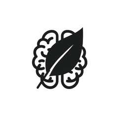 Black brain icon with leaf overlay black and white