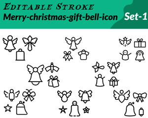 Merry Christmas gift bell icon. character designed in a cheerful festive vector style. featuring a golden Christmas bell tied with a bright red ribbon bow. alongside a gift box wrapped in colorful.