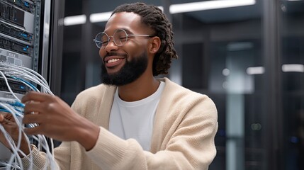 Technician checks and organizes networking cables while smiling in a contemporary data center filled with servers