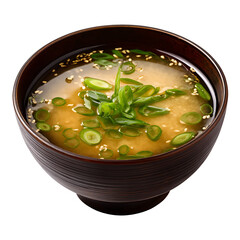 Hot soup with lime and mint in wooden bowl food on transparent background
