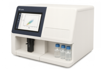 Flow cytometer analyzing cell data on screen, transparent background