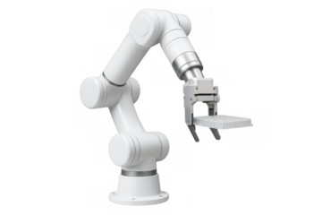 Robotic arm holding microplate, laboratory automation research