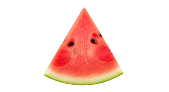 A vibrant red, juicy triangular watermelon slice, a plain object isolated on a clean white background with no shadow