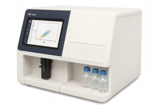 Flow cytometer analyzing cell data on screen, transparent background