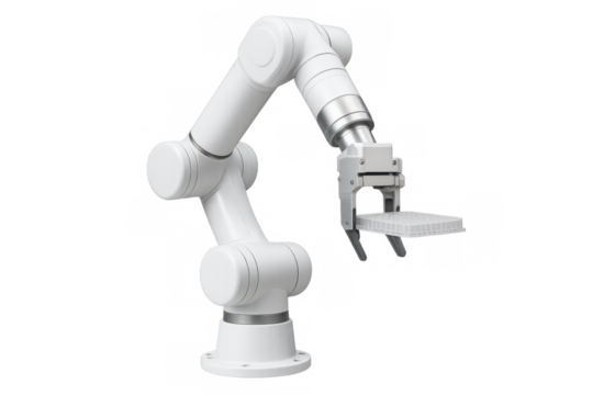 Robotic arm holding microplate, laboratory automation research