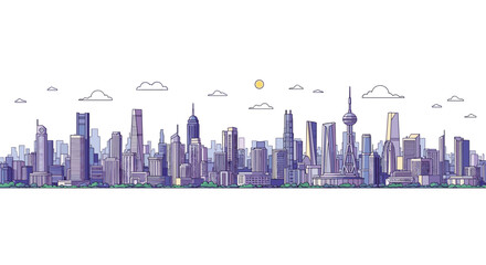 Fototapeta premium Modern cityscape with tall buildings and clear skies.