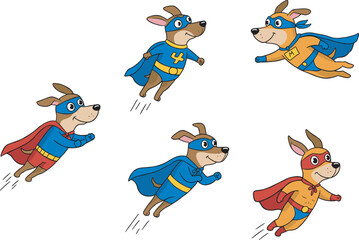 Cartoon superhero dogs flying, animal heroes illustration, colorful dog costumes, vector art for kids, fun action scene, dynamic pet characters
