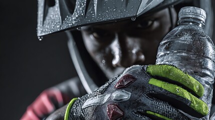 Athletes adjusting gloves, helmet and with water bottle