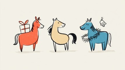 Festive Equines: Delightful cartoon horses adorned with gifts and seasonal decorations exude holiday cheer, perfect for adding a touch of whimsy to any seasonal design.