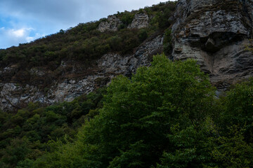 Panoramic Canyon View in Mountainous Region with Overcast Sky