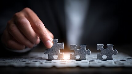 Businessman manipulating puzzle pieces as a strategy concept