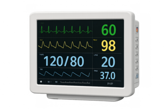 Patient monitor displaying vital signs with transparent background