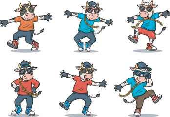 Hip-hop dancing cows, cartoon animal characters, streetwear style, funky poses, urban fashion, vector illustration, sunglasses, sneakers, cap, gold chain