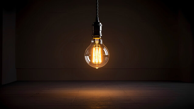 A glowing vintage Edison bulb suspended in the darkness. A concept of idea, inspiration, and discovery.