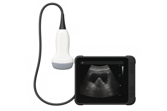 Portable ultrasound machine showing bladder sonogram, transparent background