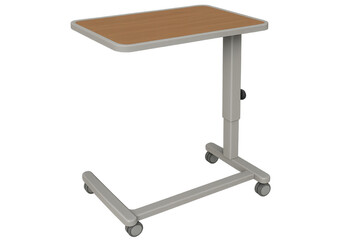 Adjustable rolling overbed table on transparent background