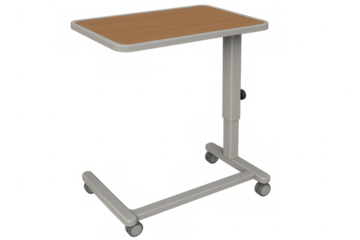 Adjustable rolling overbed table on transparent background