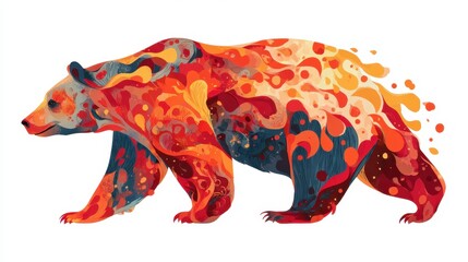 Fototapeta premium Vibrant bear illustration: A striking digital illustration of a bear, rendered in a vibrant palette of warm colors, walking across a clean canvas. 