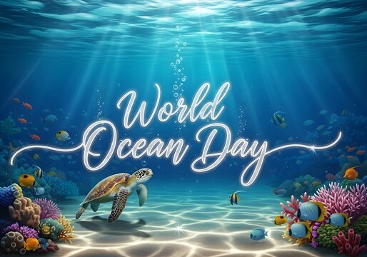 World ocean day celebration with colorful marine life and sea turtle underwater scene