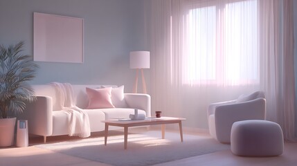 Living room of a house with a fresh aroma and a clean and calm atmosphere that highlights the softness of its pastel colors