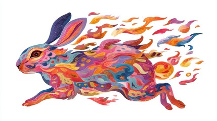 Celestial Hare: A vibrant and dynamic painting of a running hare, its form adorned with colorful, stylized flames and patterns, conveying a sense of speed, energy, and artistic expression.