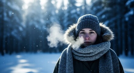 Woman breathing steam in a snowy forest