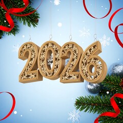 New Year 2026 Celebration 3d Design Image with Festive Decorations, Christmas Day 2026