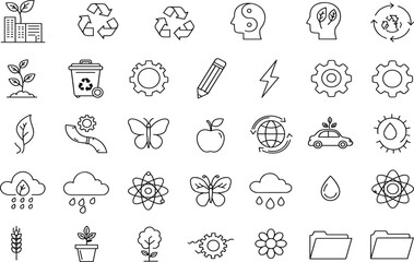 Eco icon set, sustainability symbols, nature, recycle, green energy, plant growth, environmental protection, science, leaf gear, climate, conservation, eco-friendly, 