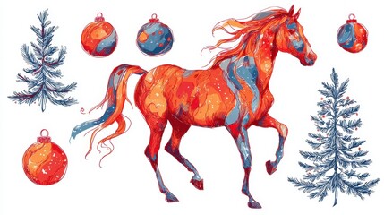 Festive Horse with Ornaments: A whimsical illustration of a horse adorned in festive hues, complemented by vibrant ornaments and Christmas trees, capturing a sense of holiday cheer and seasonal joy.