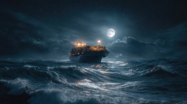 A large cargo ship navigates stormy seas under a full moon at night.