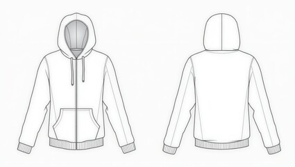 Technical drawing of a zip-up hoodie, showcasing front and back views for design purposes.