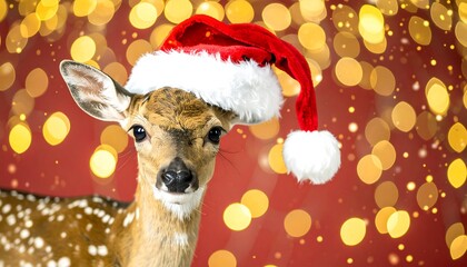 A fawn wearing a Santa hat, festive bokeh background