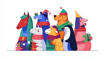 Naklejka premium Joyful Animal Gathering for the Holiday: A whimsical illustration of a diverse group of animals adorned in festive attire, exchanging gifts, and radiating a sense of camaraderie and holiday spirit.