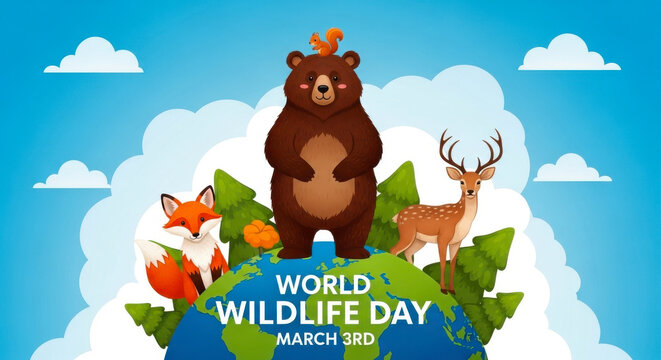 Cute cartoon animals bear fox and deer celebrating world wildlife day on a vibrant planet earth