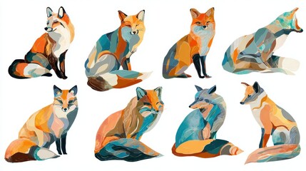 Obraz premium Geometric Foxes: A collection of stylized illustrations featuring foxes in diverse poses, each rendered with a unique geometric aesthetic, creating a captivating visual array.